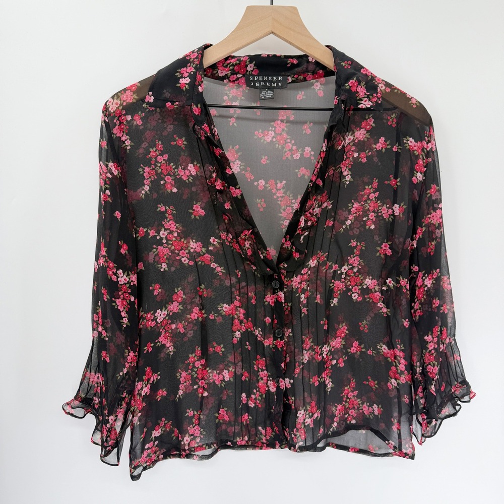 Vintage 90's 100% Silk Sheer Floral Ruffle Sleeve Top in Black Red Pink Size 8